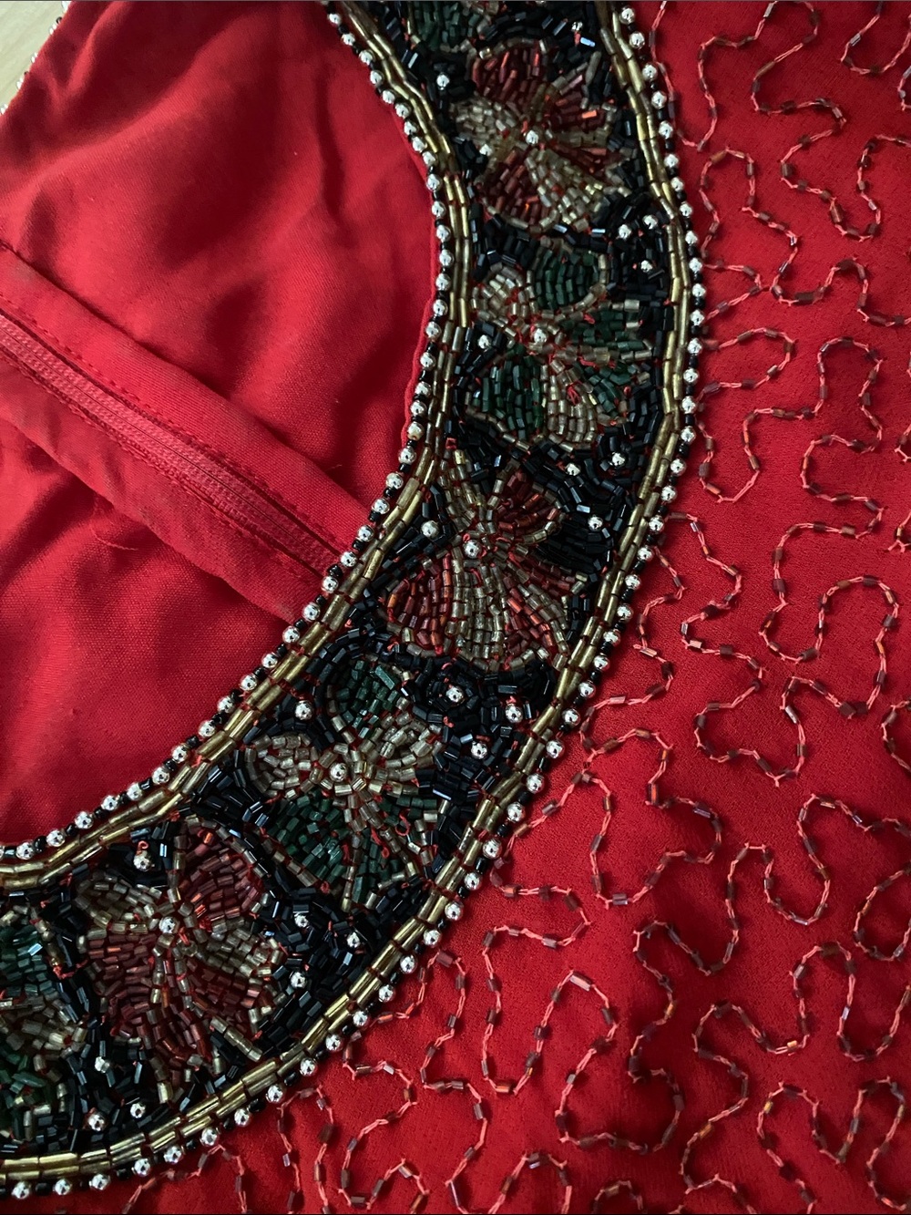 Laurence Kazar Vintage Red Beaded Short Sleeve Blouse with Scalloped Hem